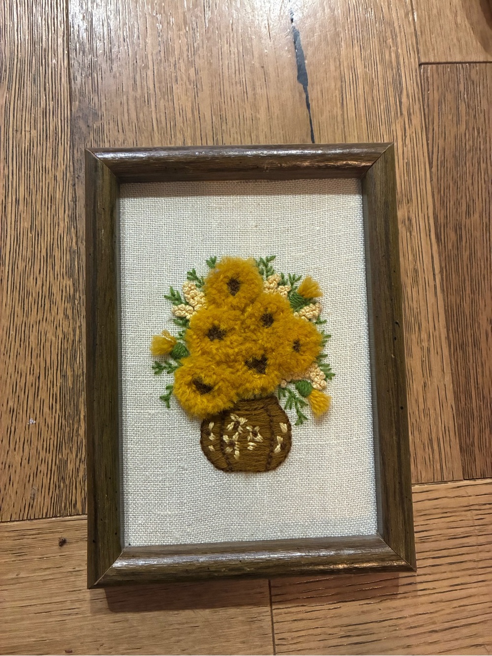 Vintage 1970s Handmade Yellow Floral Embroidery Crewel Wall Art small brown fram